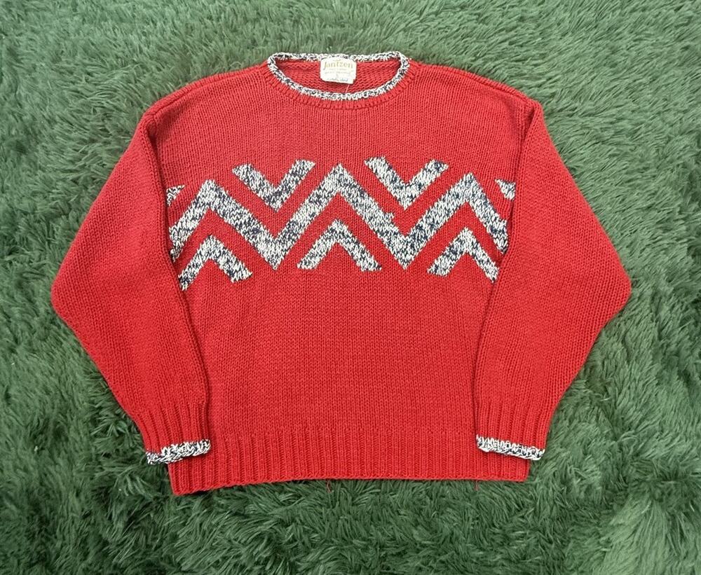 Vintage Jantzen Red Chevron Knit Sweater Women's Size L 80% Silk Crew Neck Hand